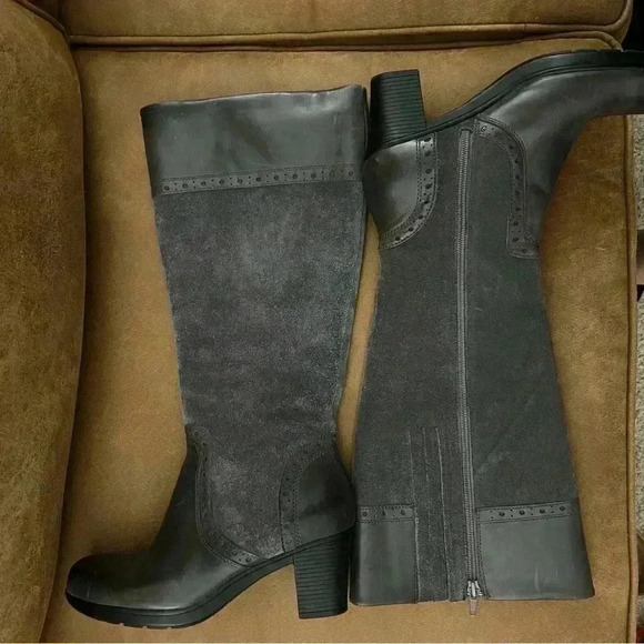 CLARKS Dream Regal Knee High Boot Suede Leather Block Heel Grey 8 - Picture 4 of 6